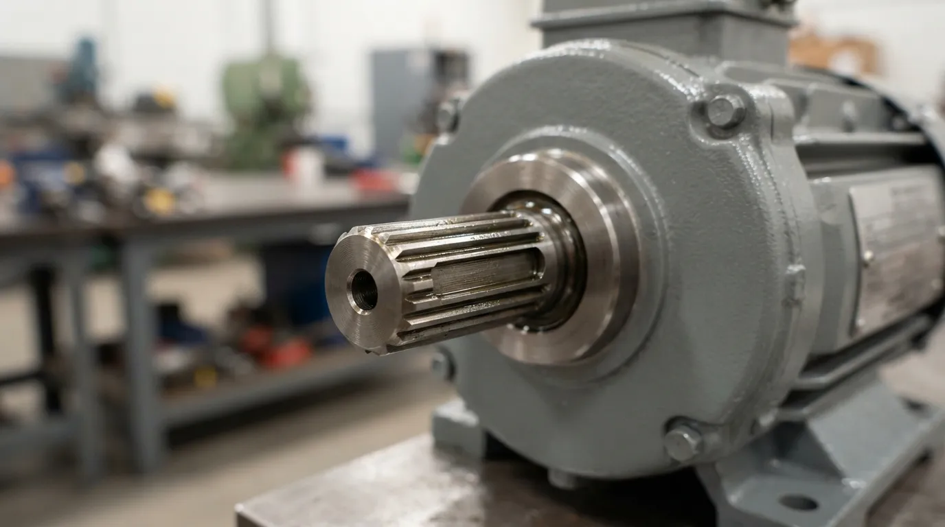 Eixo de motor de aço usinado com chave e estrias em um novo motor elétrico industrial.