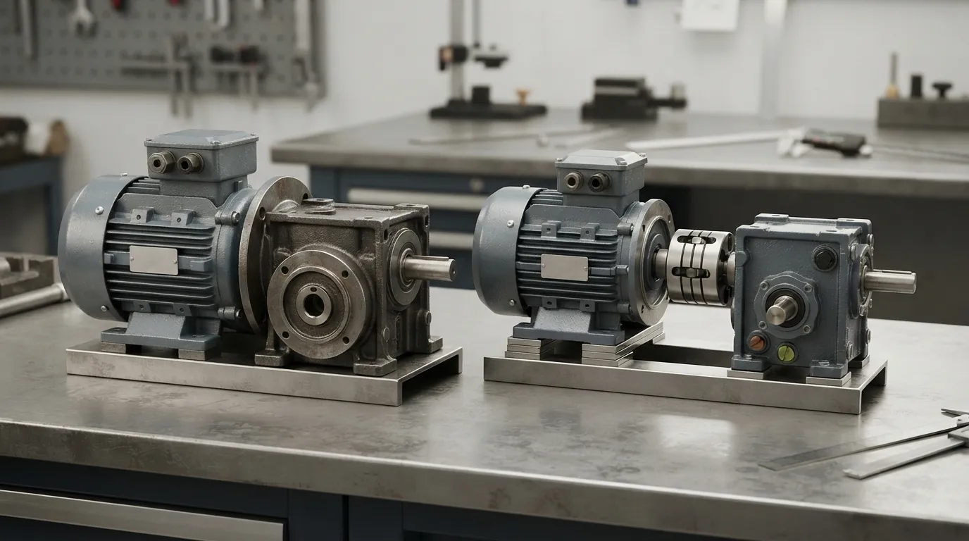 Motor de engrenagem integrado ao lado de um motor separado, acoplamento e câmbio