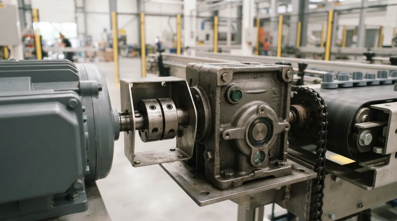 Motor elétrico com caixa de câmbio helicoidal conectada a um acionamento de esteira, Vista de perto do eixo de saída.