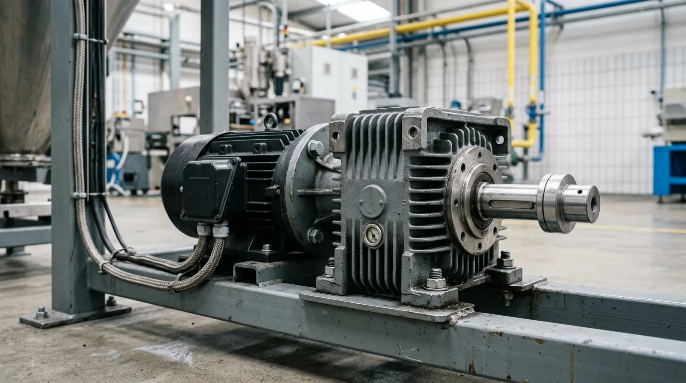 Um motor de engrenagem helicoidal montado em uma estrutura de aço em uma fábrica, mostrando o motor e a carcaça da caixa de engrenagem.