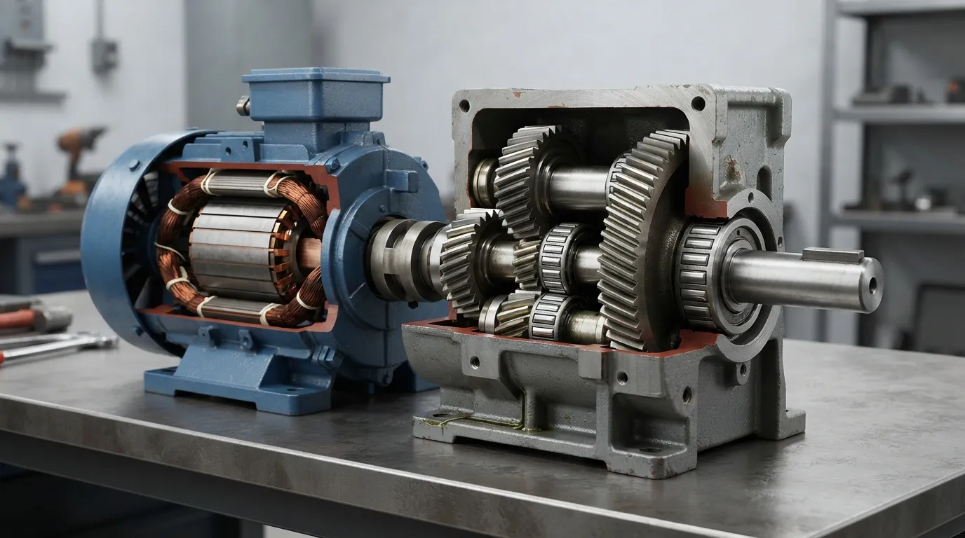 Motor industrial de engrenagem cutaway mostrando um motor elétrico, Engrenagens internas e eixo de saída