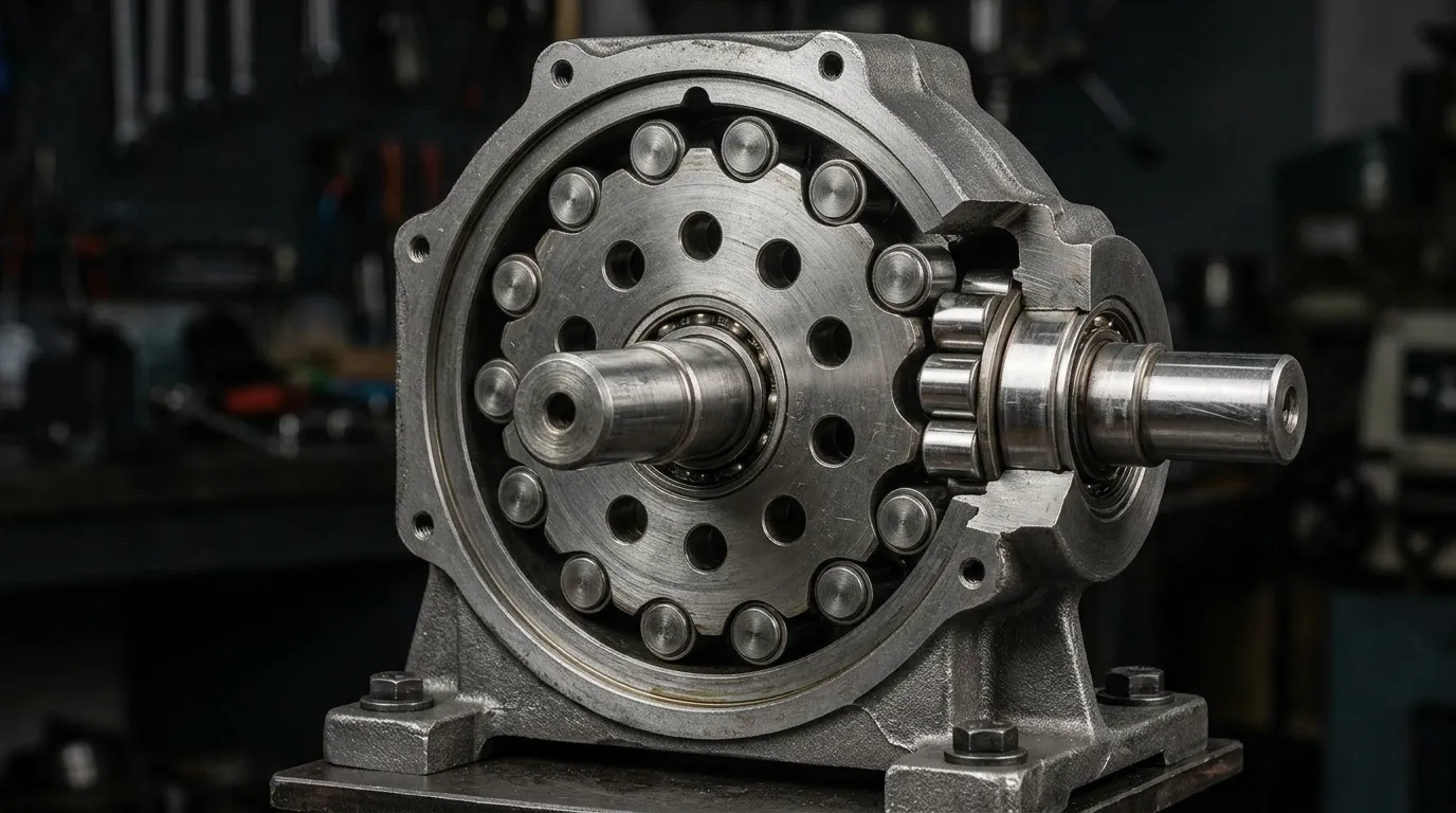 Recorte de uma caixa de câmbio cicloidal revelando o disco cicloide e os pinos de rolos dentro de uma carcaça de ferro fundido