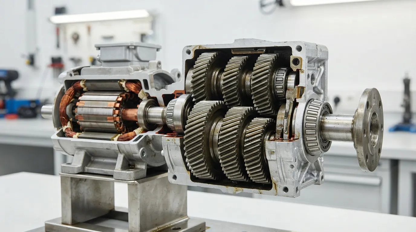 Vista em corte de um motor de engrenagem helicoidal mostrando o motor e a caixa de engrenagens conectados em uma única unidade.