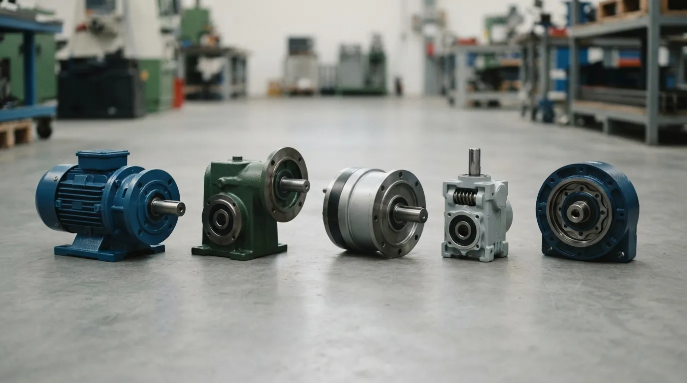 Linha de cinco unidades industriais de engrenagem em um piso de oficina, incluindo um motor de engrenagem helicoidal, Câmbio em ângulo reto, Redutor planetário, Motor de engrenagem sem rosca e redutor cicloidal.