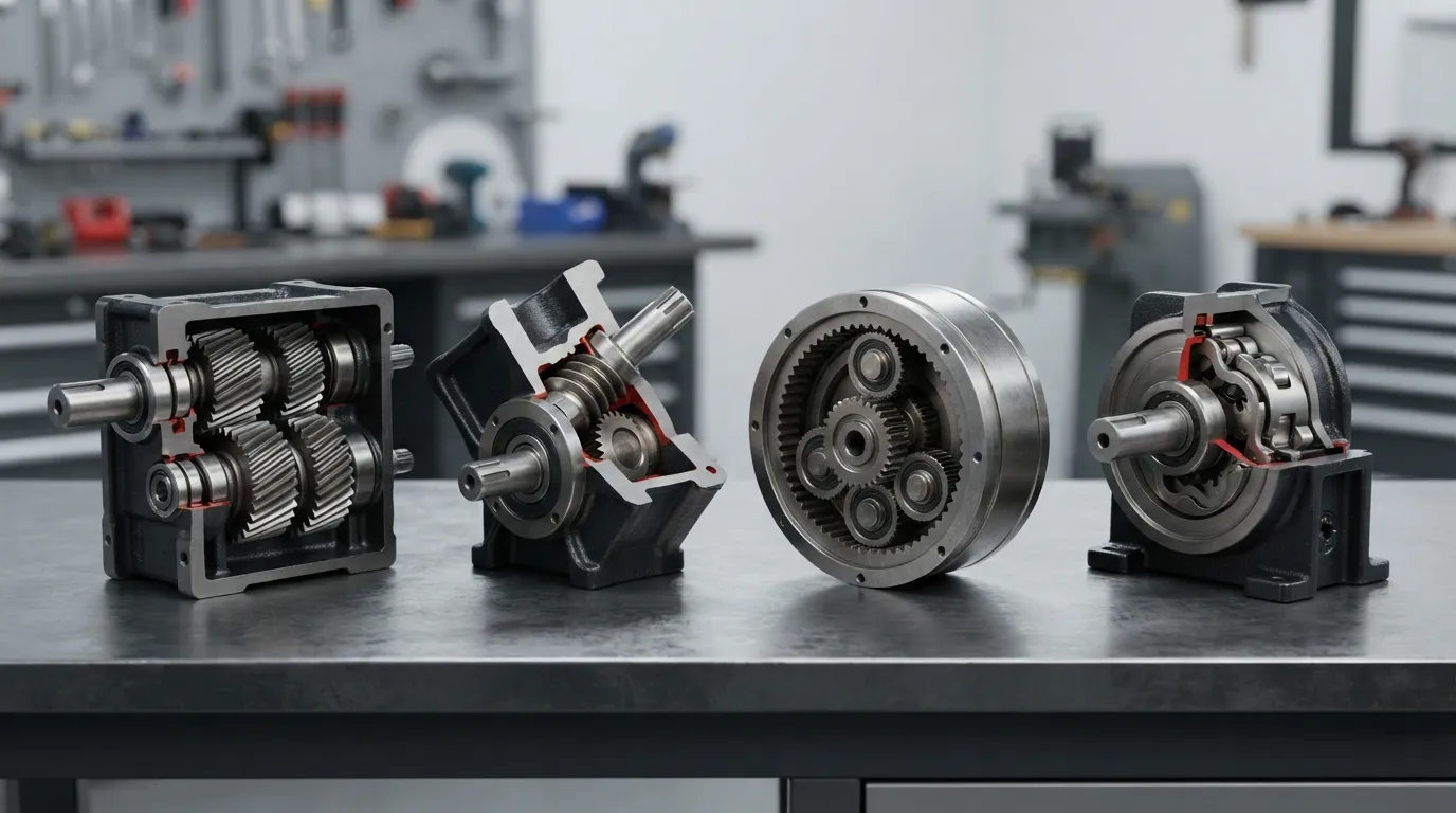 Quatro tipos de câmbio industrial exibidos lado a lado para comparação
