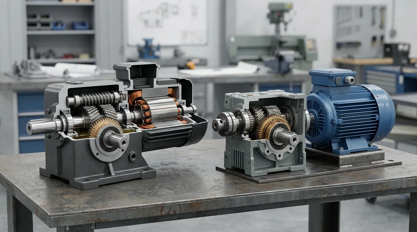 Motor de engrenagem integrado mostrado ao lado de um motor separado e de uma caixa de câmbio industrial