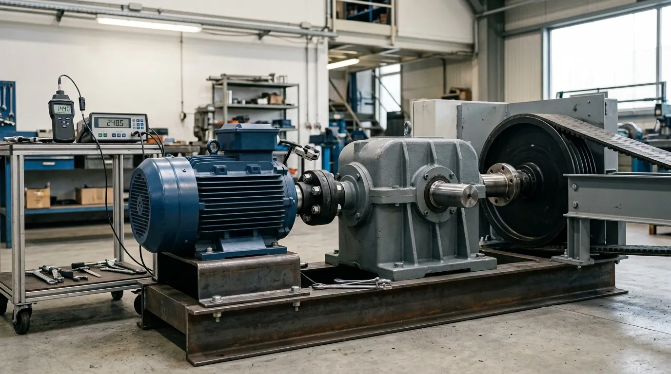 Caixa de câmbio industrial e motor com equipamentos próximos de medição de velocidade e torque